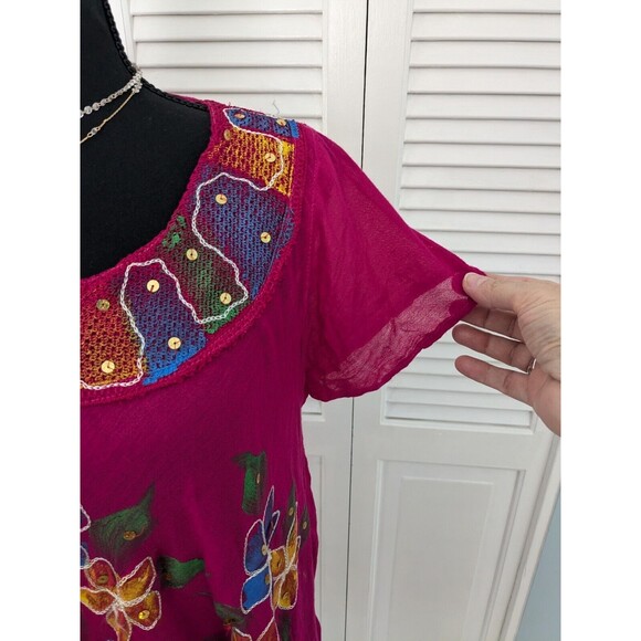 California Woman Top Free Size M/L Embroidered Pink Sequins Bohemian Tunic Flowy - Picture 4 of 14